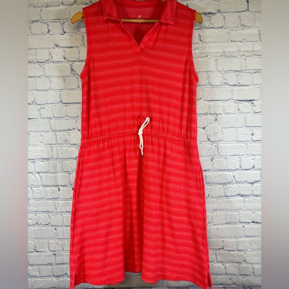T by Talbots Orange Red Stripe Sleeveless Athleisure Classic V-Neck Polo Dress M